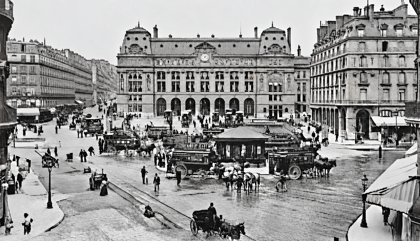 Gare Saint-Lazare vers 1900, avec omnibus et voitures devant la façade