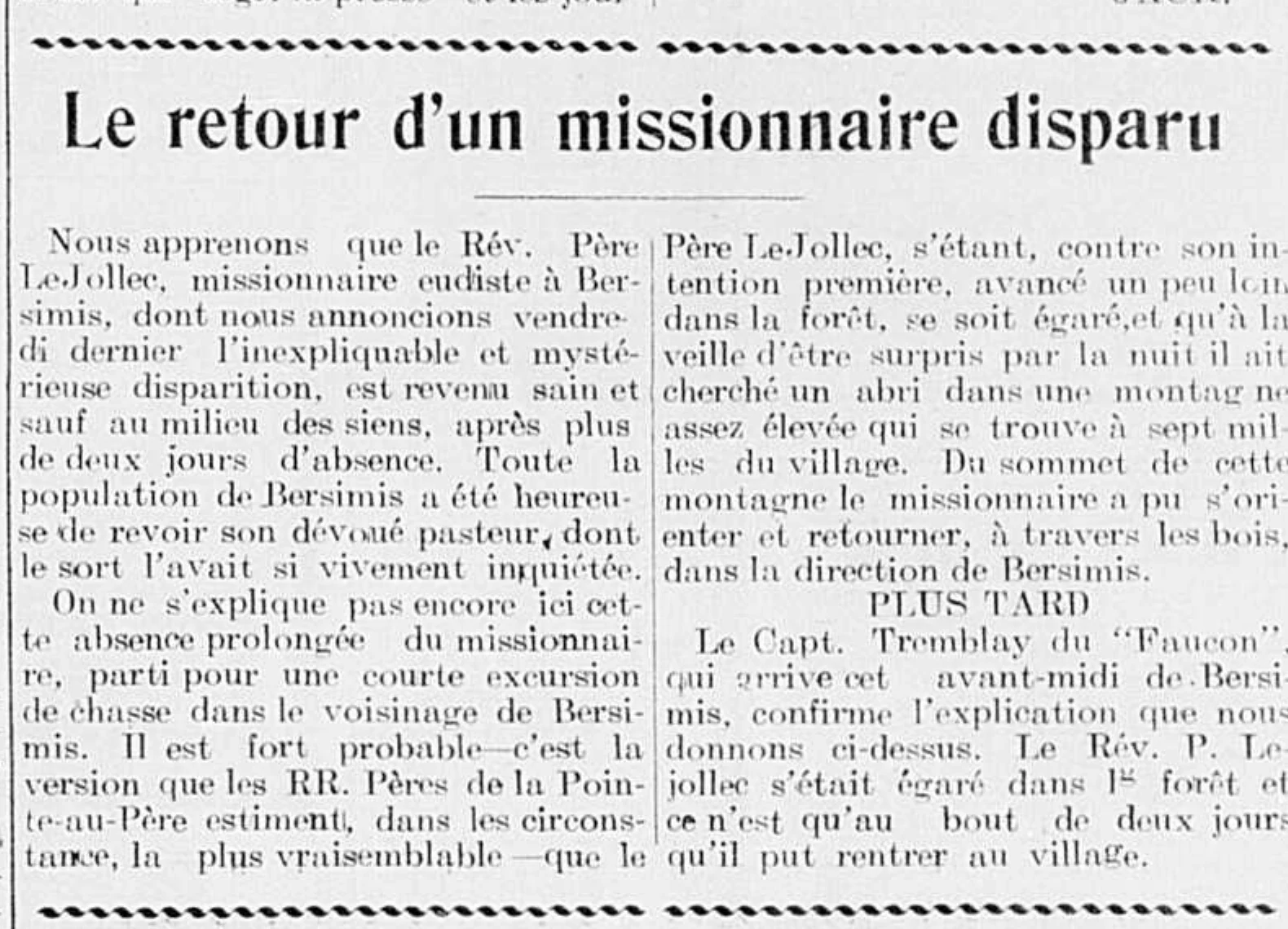 Coupure d’archive agrandie depuis le PDF du Progrès du Golfe; le titre indique Le retour d’un missionnaire disparu