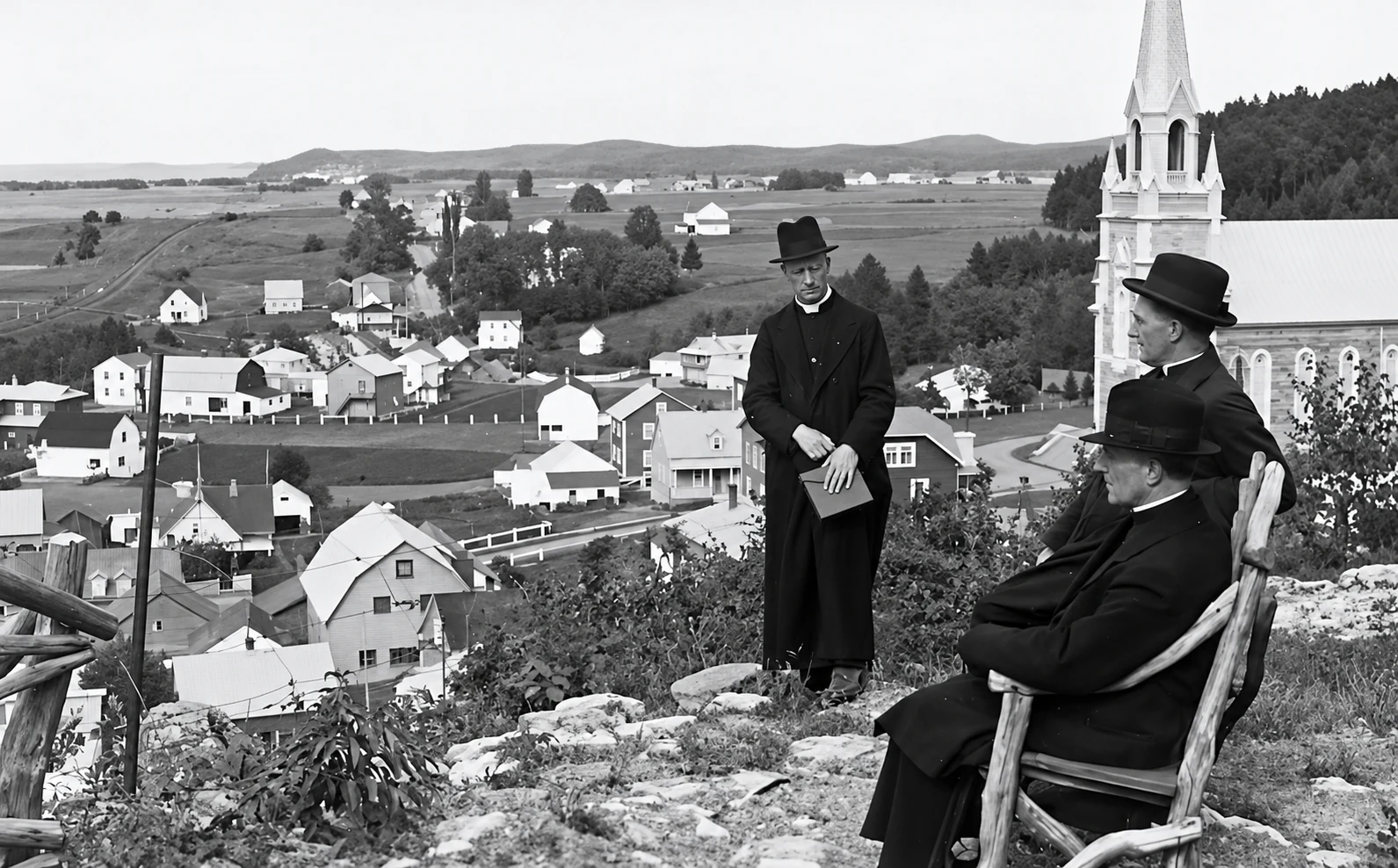 Le Père Lucien Bourque avec les Pères Jauffret et Tressel à Pointe-au-Père, photographie restaurée