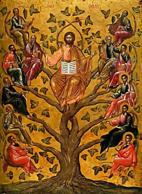 Icona di Cristo, la Vera Vite, circondato da figure e tralci