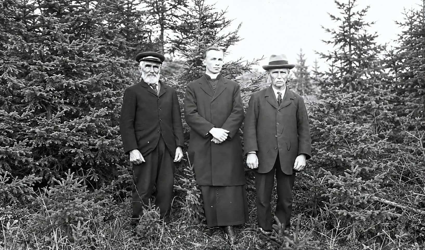 Mgr Labrie et deux hommes devant des conifères